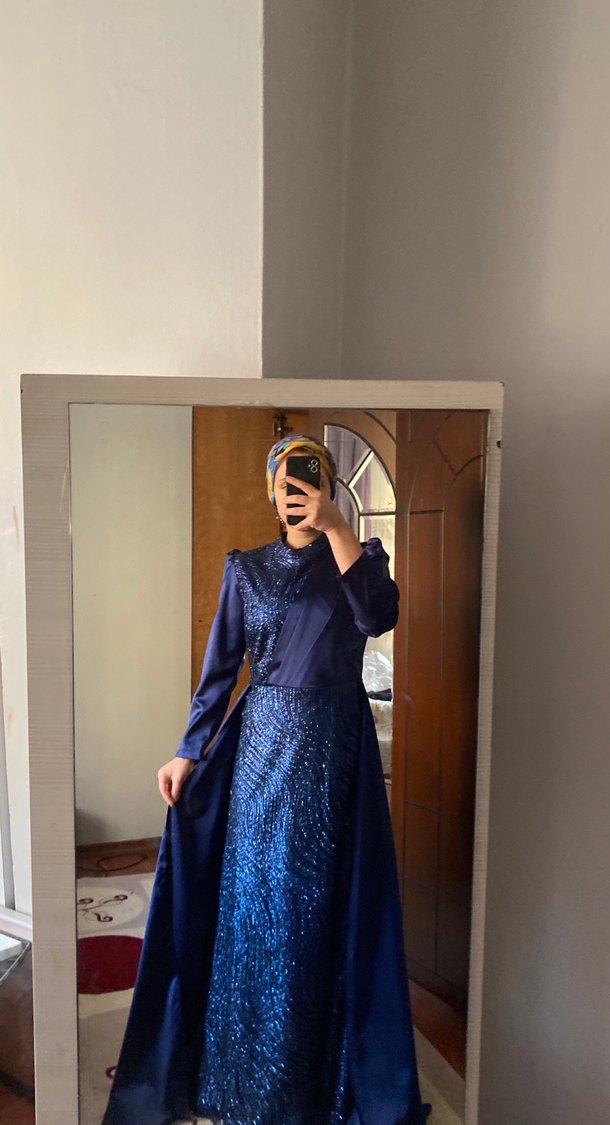 Uzun Mavi Drape Abiye Elbise - Görsel 3