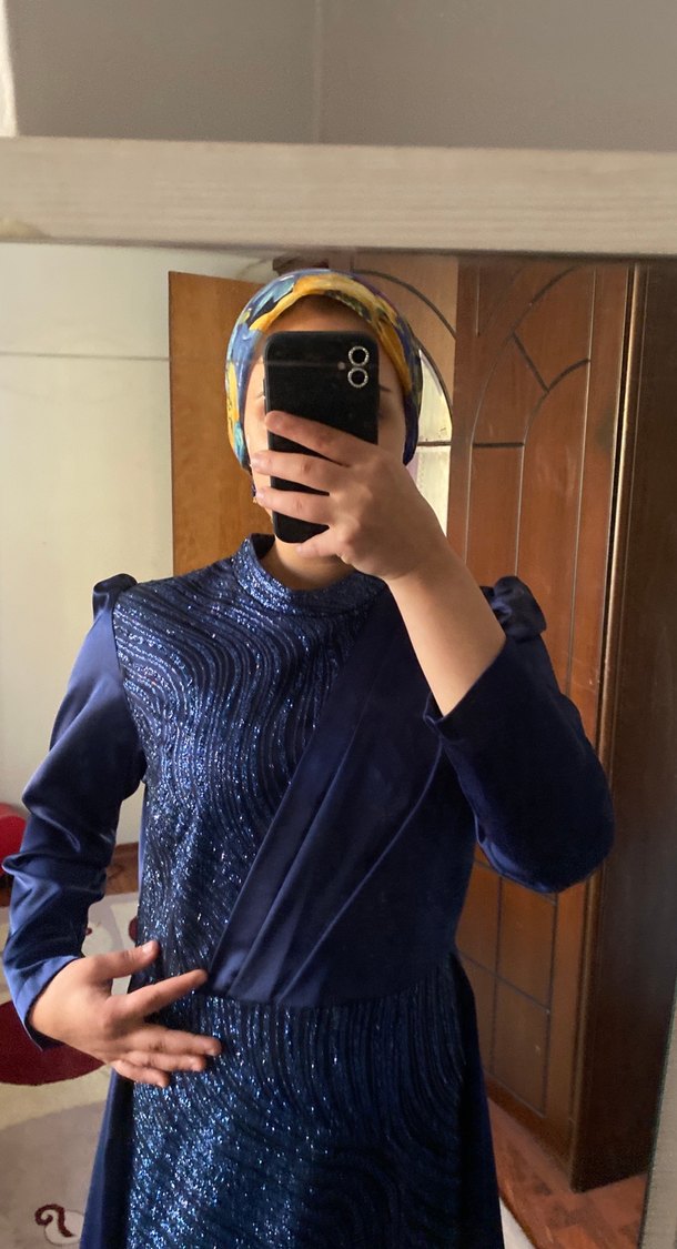 Uzun Mavi Drape Abiye Elbise - Görsel 5