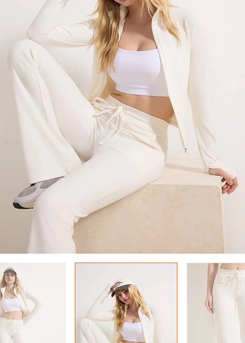 Beyaz Kadın Normal Kesim Pamuklu Eşofman Altı - Görsel 2