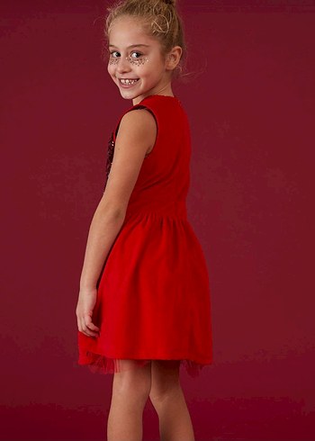 Kız Çocuk Kırmızı Pul İşlemeli Elbise - Görsel 5