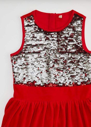 Kız Çocuk Kırmızı Pul İşlemeli Elbise - Görsel 6
