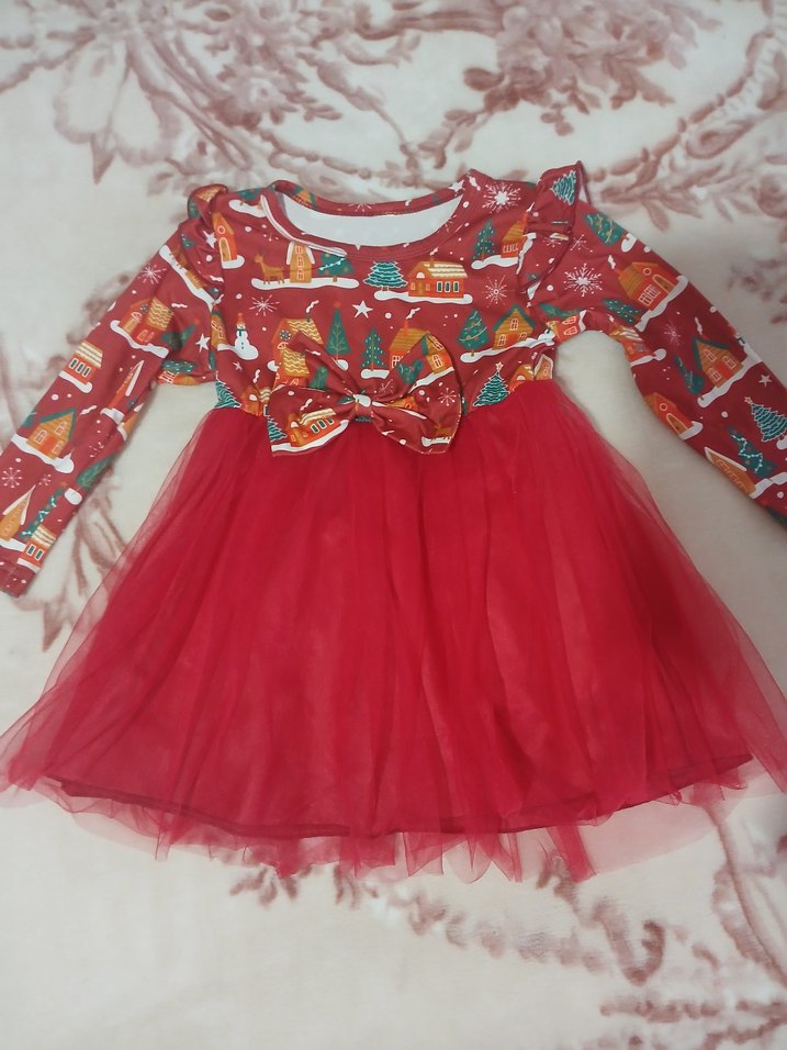 Kız Çocuk Kırmızı Fiyonklu Uzun Kollu Elbise - Görsel 4