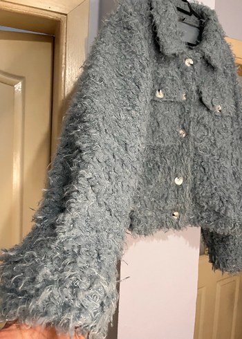 Mavi peluş Düğmeli Rahat Kesim Kadın Ceket/Mont - Görsel 3