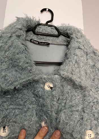 Mavi peluş Düğmeli Rahat Kesim Kadın Ceket/Mont - Görsel 4