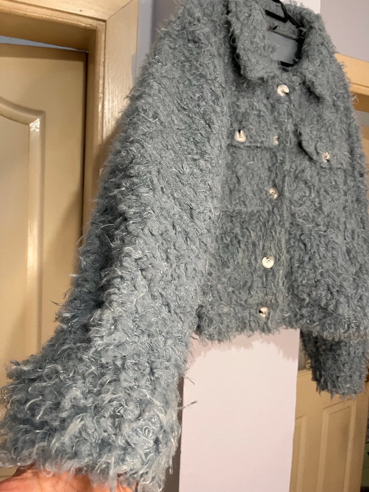 Mavi peluş Düğmeli Rahat Kesim Kadın Ceket/Mont - Görsel 3