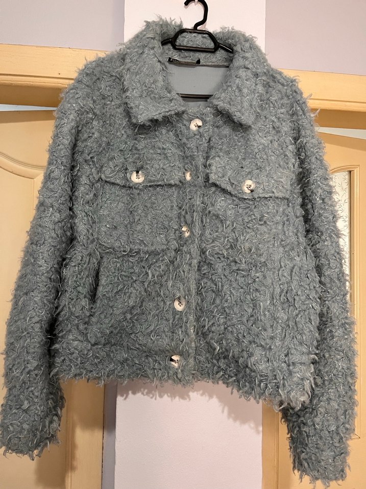 Mavi peluş Düğmeli Rahat Kesim Kadın Ceket/Mont - Görsel 2