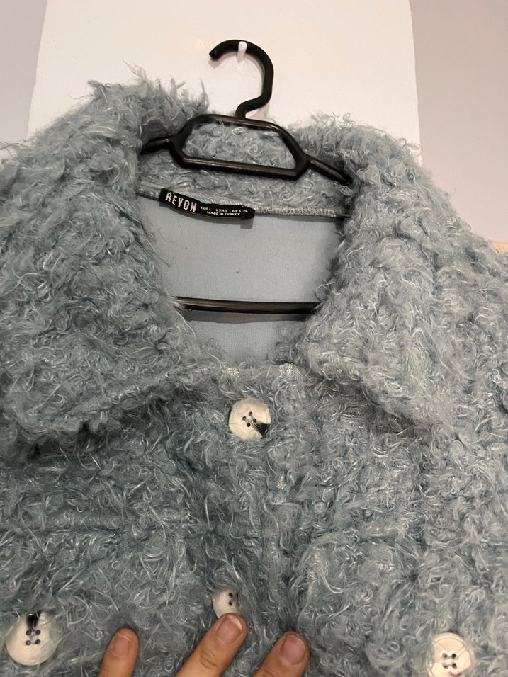 Mavi peluş Düğmeli Rahat Kesim Kadın Ceket/Mont - Görsel 4