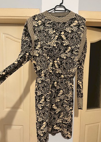 Uzun Kollu Desenli Bohem Triko Elbise - Görsel 2