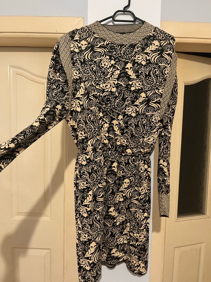 Uzun Kollu Desenli Bohem Triko Elbise - Görsel 2