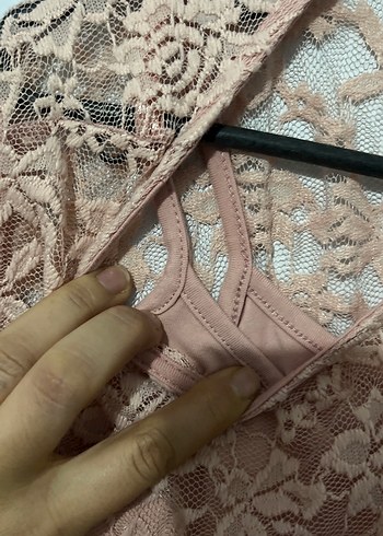 Dantel Detaylı astarlı yarım Kollu pudra pembe Bluz - Görsel 4