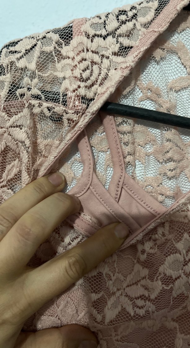 Dantel Detaylı astarlı yarım Kollu pudra pembe Bluz - Görsel 4