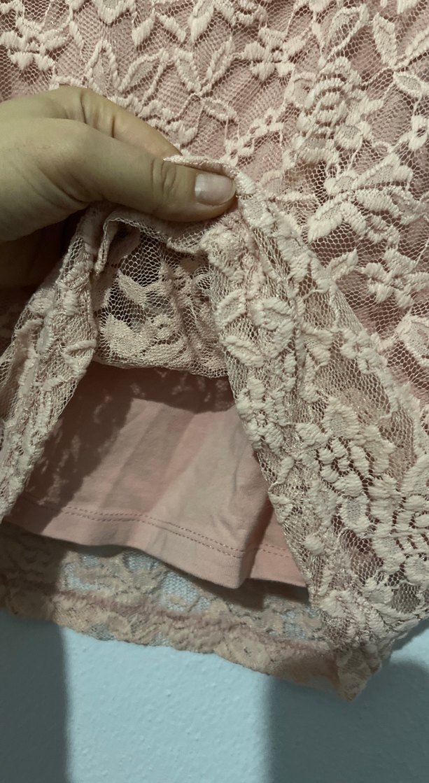 Dantel Detaylı astarlı yarım Kollu pudra pembe Bluz - Görsel 3