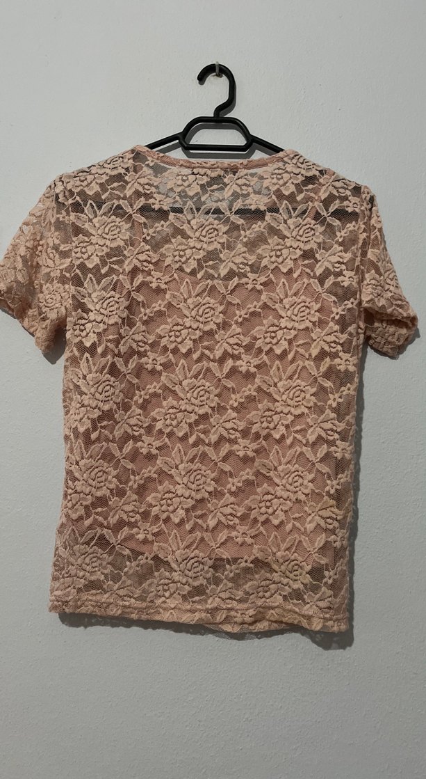 Dantel Detaylı astarlı yarım Kollu pudra pembe Bluz - Görsel 5