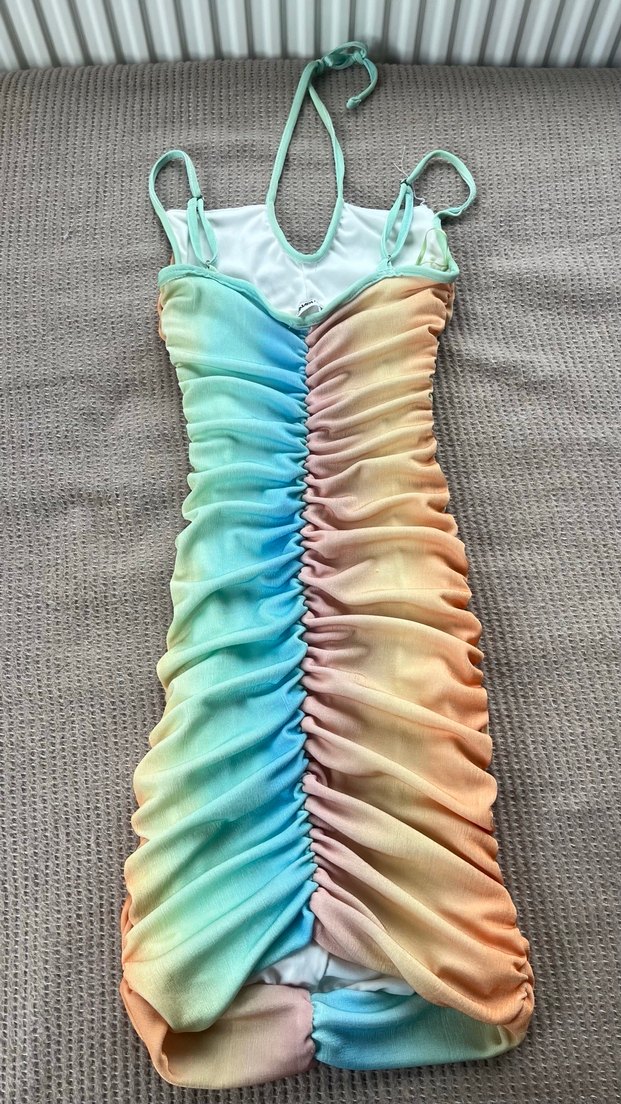 Drapeli Çok Renkli Bohem Mini Elbise - Görsel 2