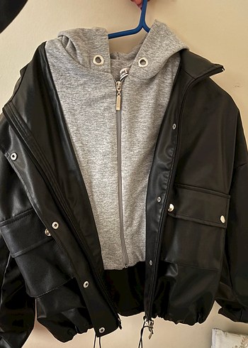 Gri Deri Fermuarlı Kadın Ceket - Görsel 3