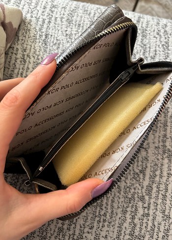 Gri Deri Yılan Desenli Fermuarlı Kadın Cüzdanı - Görsel 5