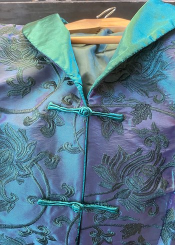 Kadın Mavi Yeşil İpek Uzun Kol Ceket - Görsel 4