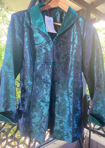 Kadın Mavi Yeşil İpek Uzun Kol Ceket - Görsel 2