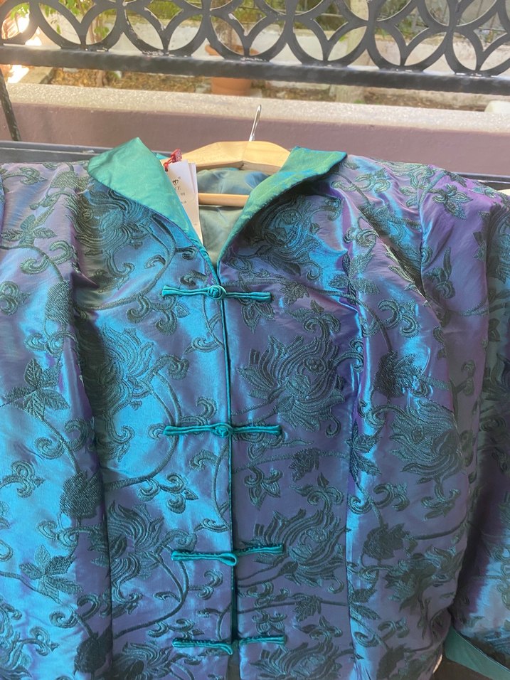 Kadın Mavi Yeşil İpek Uzun Kol Ceket - Görsel 3