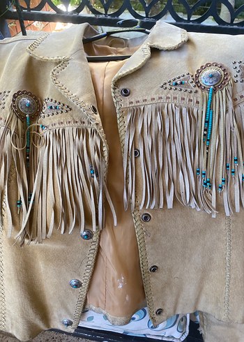 Bej Süet Püsküllü Kadın Meşin Deri Ceket - Görsel 5