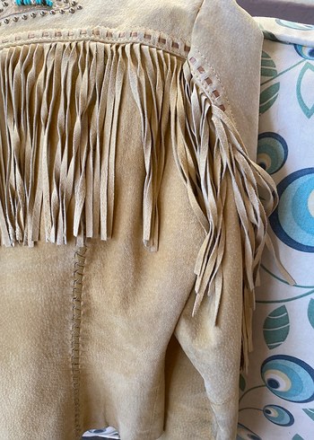 Bej Süet Püsküllü Kadın Meşin Deri Ceket - Görsel 3