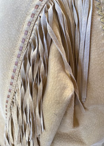 Bej Süet Püsküllü Kadın Meşin Deri Ceket - Görsel 2