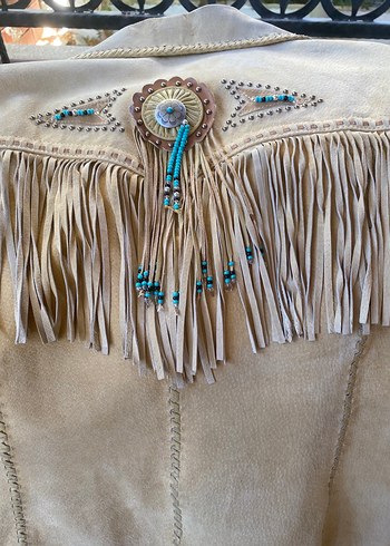 Bej Süet Püsküllü Kadın Meşin Deri Ceket - Görsel 4