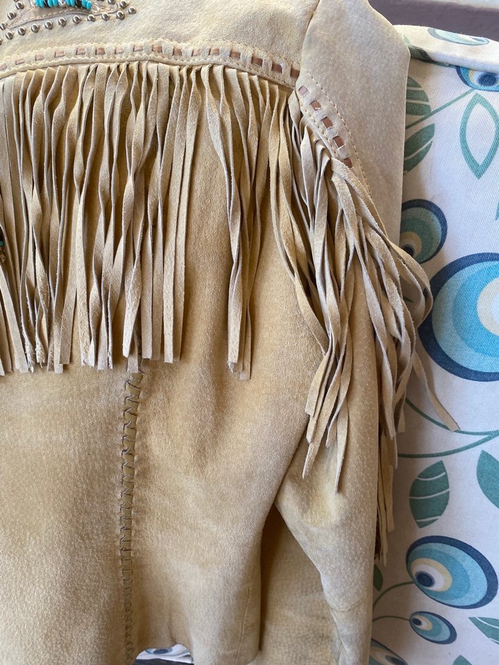 Bej Süet Püsküllü Kadın Meşin Deri Ceket - Görsel 3