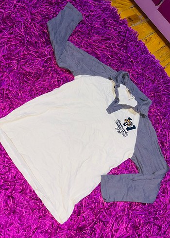 Kız Çocuk Gri-Beyaz Uzun Kollu Pamuklu Tişört - Görsel 2