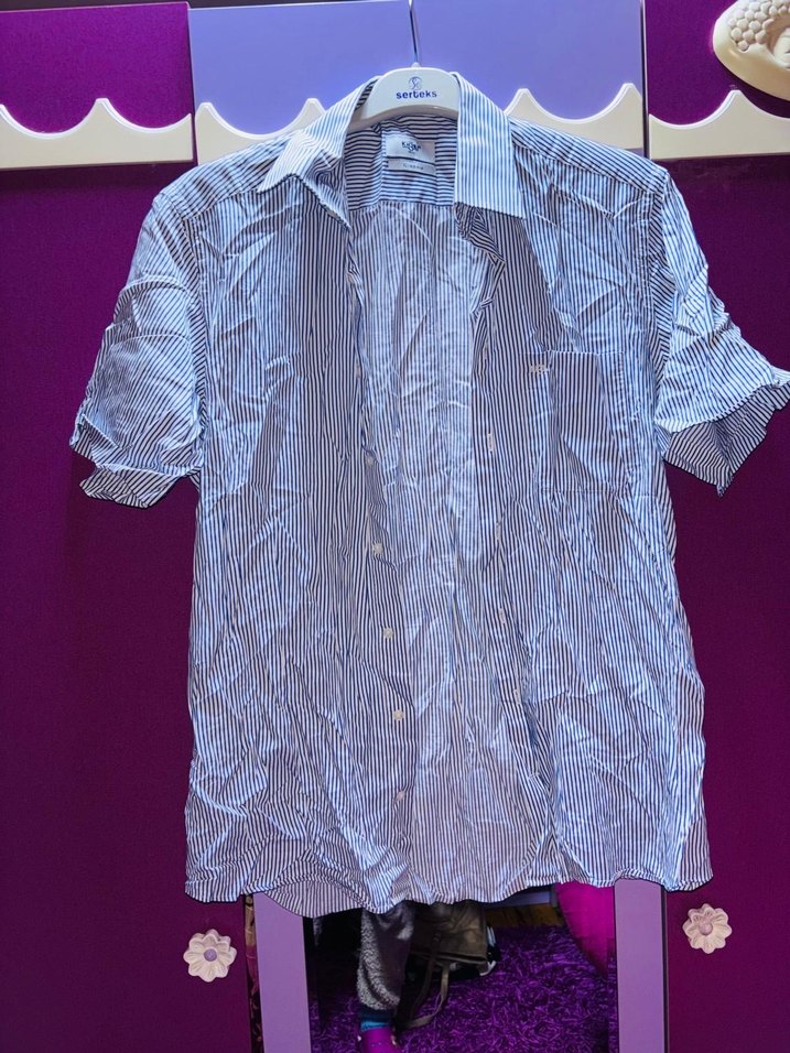 Gri Keten Düğmeli Kısa Kollu Erkek Gömlek - Görsel 2