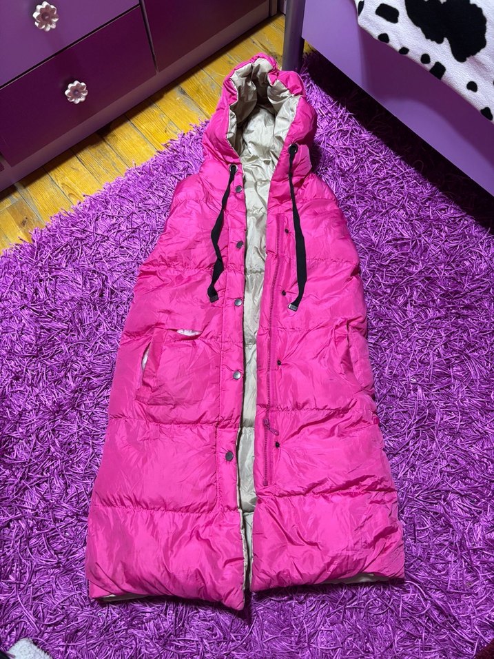 Kadın Uzun Pembe Sırtı Kürklü Şişme Yelek - Görsel 2