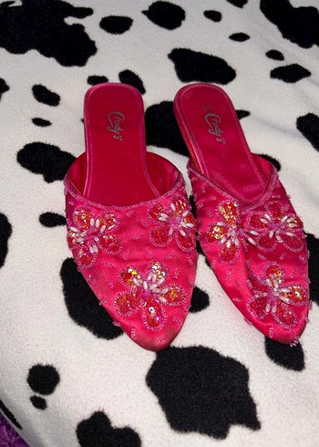 Vintage Pembe İşlemeli Boncuklu Kadın Dolgu Topuk Terlik - Görsel 3