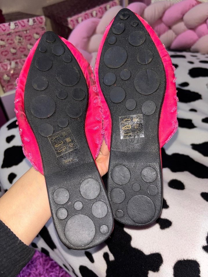 Vintage Pembe İşlemeli Boncuklu Kadın Dolgu Topuk Terlik - Görsel 4