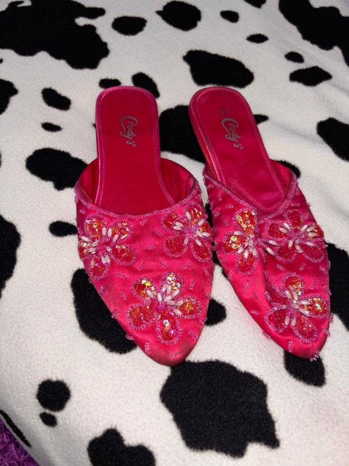 Vintage Pembe İşlemeli Boncuklu Kadın Dolgu Topuk Terlik - Görsel 3