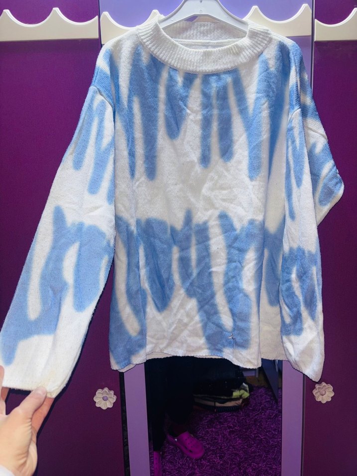 Kadın Mavi Batik Desenli Örgü Kazak - Görsel 4