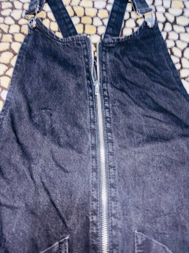 Fermuarlı Siyah Denim Midi Tulum - Görsel 3