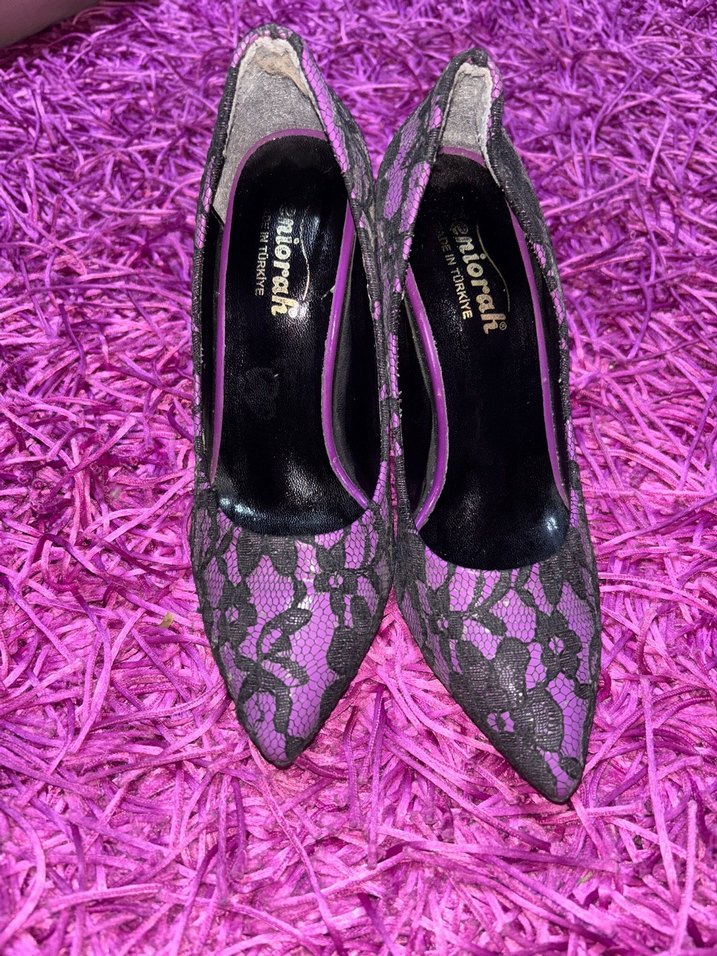 Mor Dantel Detaylı Yılan Desenli Stiletto - Görsel 3