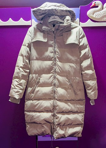 Bej Uzun Kadın Kışlık Mont Kürklü Kapüşonlu - Görsel 3