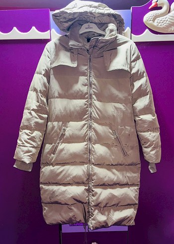 Bej Uzun Kadın Kışlık Mont Kürklü Kapüşonlu - Görsel 2