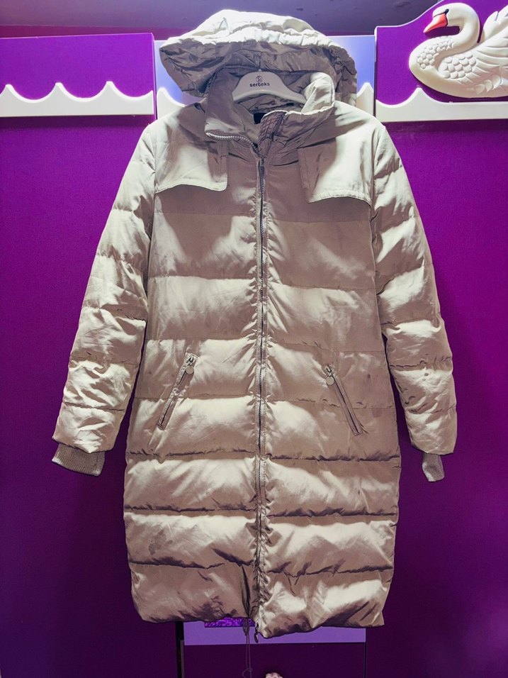 Bej Uzun Kadın Kışlık Mont Kürklü Kapüşonlu - Görsel 3