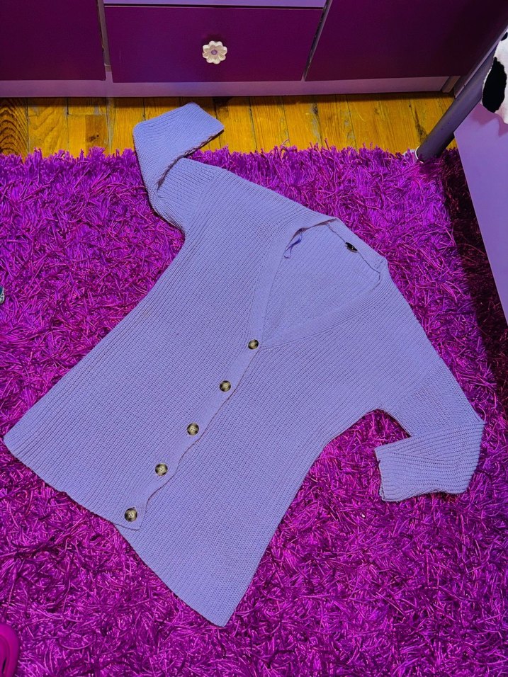Düğmeli Uzun Kollu Mor Triko Hırka - Görsel 2