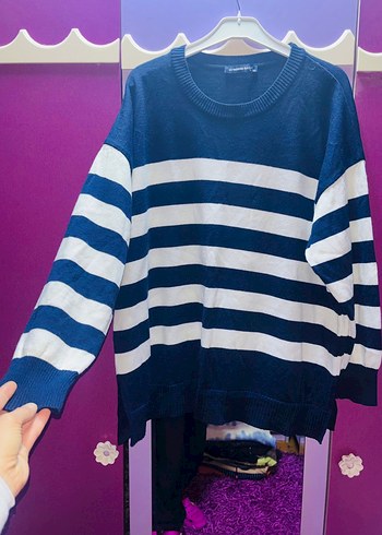 Mavi Çizgili Triko Uzun Kollu Kadın Kazak - Görsel 2