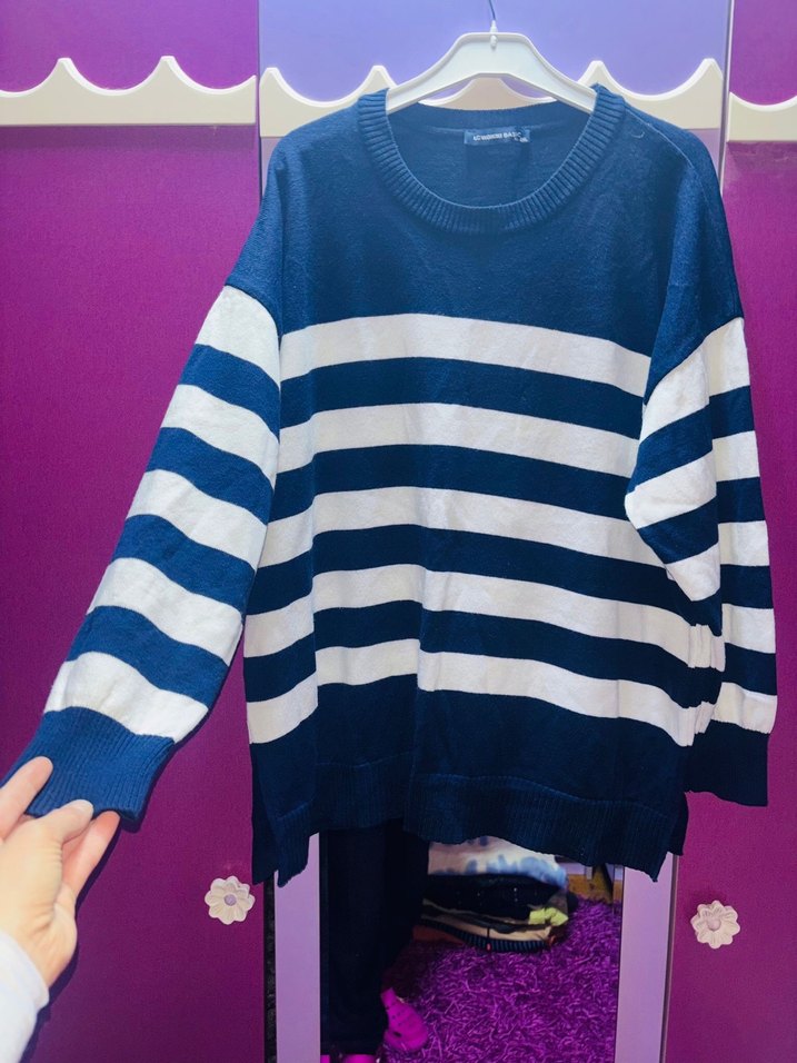 Mavi Çizgili Triko Uzun Kollu Kadın Kazak - Görsel 2