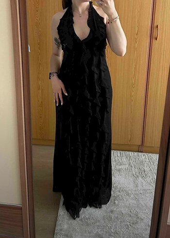 Siyah V Yakalı Uzun Drapeli Kadın Elbise - Görsel 2