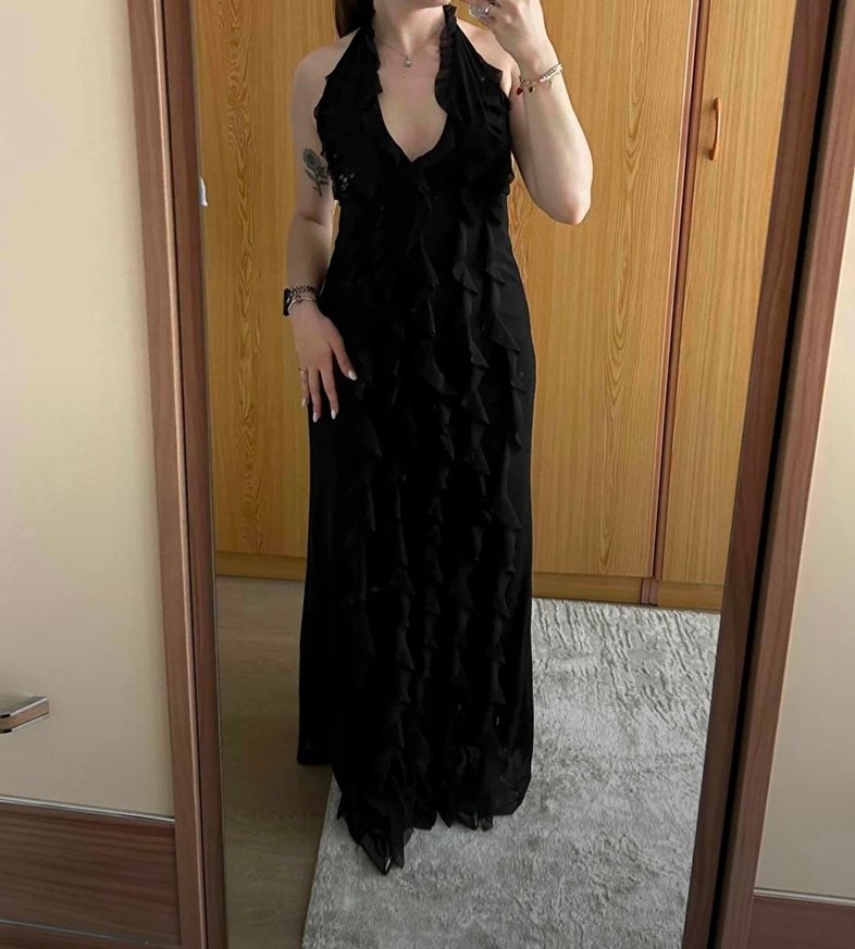 Siyah V Yakalı Uzun Drapeli Kadın Elbise - Görsel 2