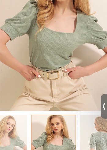 Kare Yaka Yeşil Kadın Bluz - Görsel 2