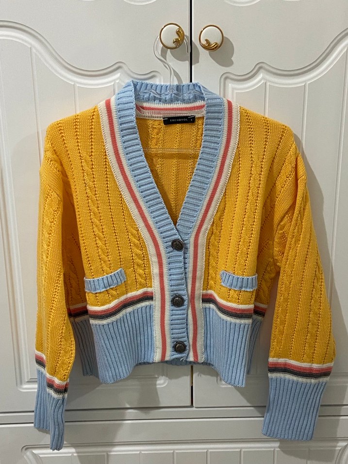 Sarı Mavi Triko Kadın Hırka - Görsel 2