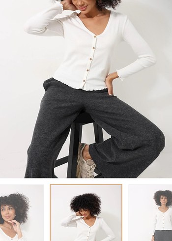 Düğmeli Beyaz V Yaka Kadın Hırka - Görsel 2