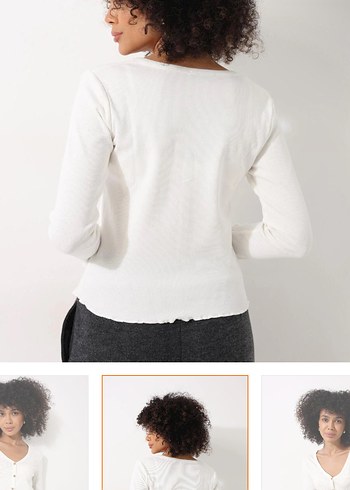 Düğmeli Beyaz V Yaka Kadın Hırka - Görsel 5