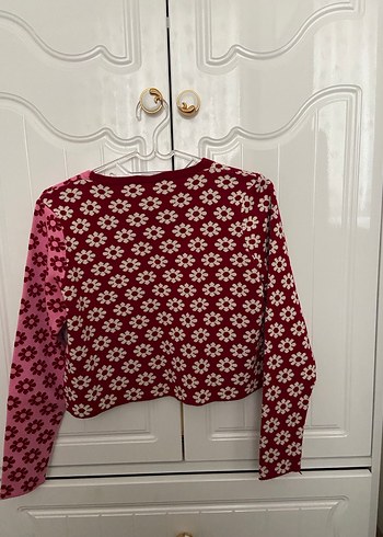 Milla Çiçek Desenli Bordo Pembe Triko Hırka - Görsel 3